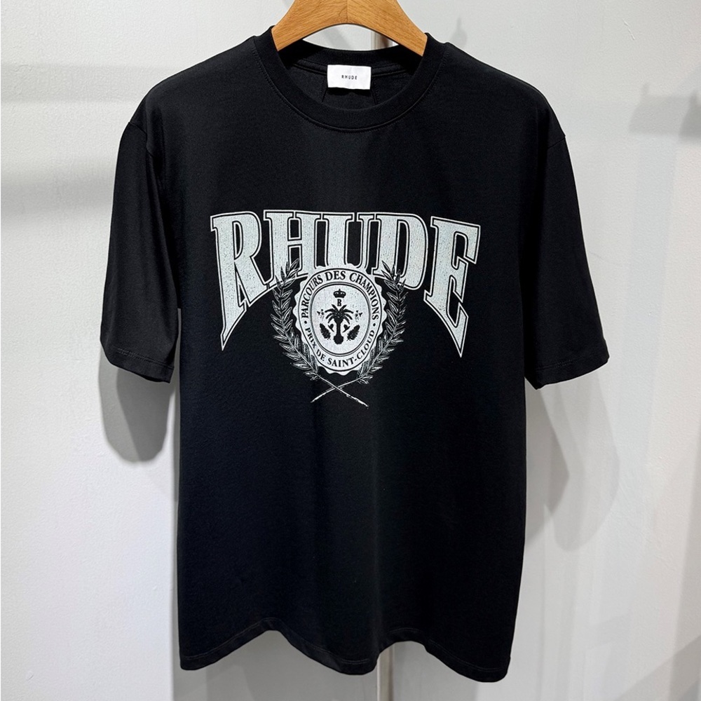 Rhude Black Tee with White Arch Logo and Crest